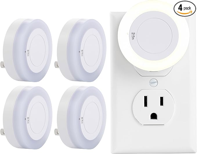 Night Light with High/Low/Off Switch, LED Manual Nightlight Max 20 Lumens, Indoor for Bathroom, Hallway, Bedroom, Kitchen, Warm White, Energy Efficient, ETL Listed, 4 Pack