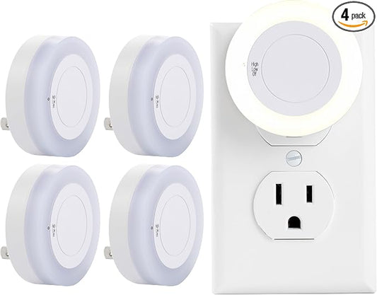 Night Light with High/Low/Off Switch, LED Manual Nightlight Max 20 Lumens, Indoor for Bathroom, Hallway, Bedroom, Kitchen, Warm White, Energy Efficient, ETL Listed, 4 Pack