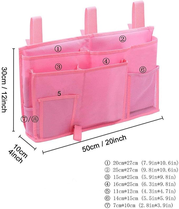 Bunk Bed Organizer - Bedside Storage Caddy with Pocket, Hanging Organizer for Camp, Dorm, Room, Hospital Bed Rail and More (Pink)