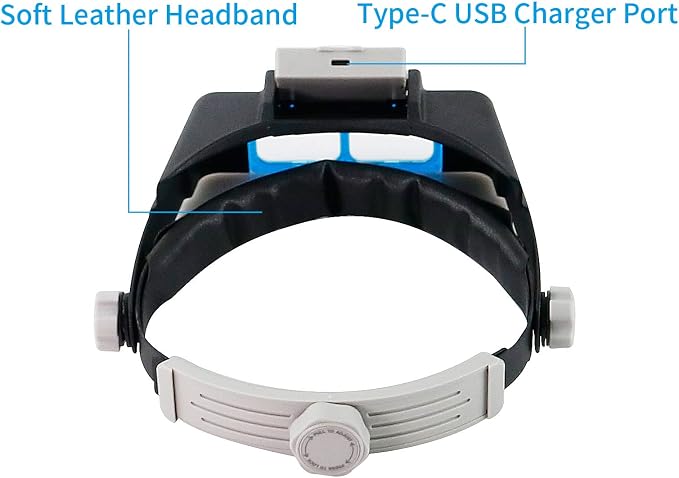 Headband Magnifier with Light，Rechargeable，Glasses for Close Work, 4 Lenses | The 4 lenses can be replaced. ，Loupe Visor for Repair,Crafts, Hobby，Jewelers，hands free magnifying glasses with light