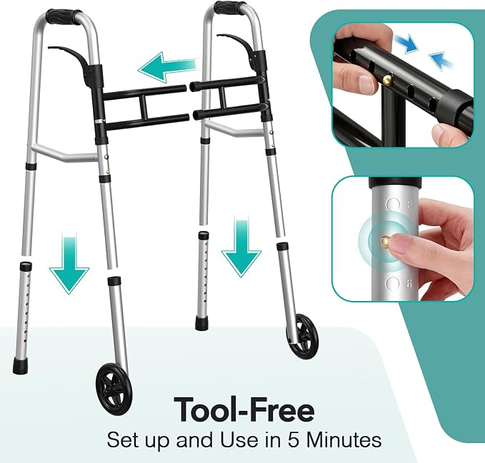 HOMENURSE Narrow Walkers for Seniors, Folding Walker with Skis and 5" Wheels for Small Spaces, Adjustable Width & Height, Aluminum Lightweight Standard Rolling Walker, Support Up to 350lbs, Silver