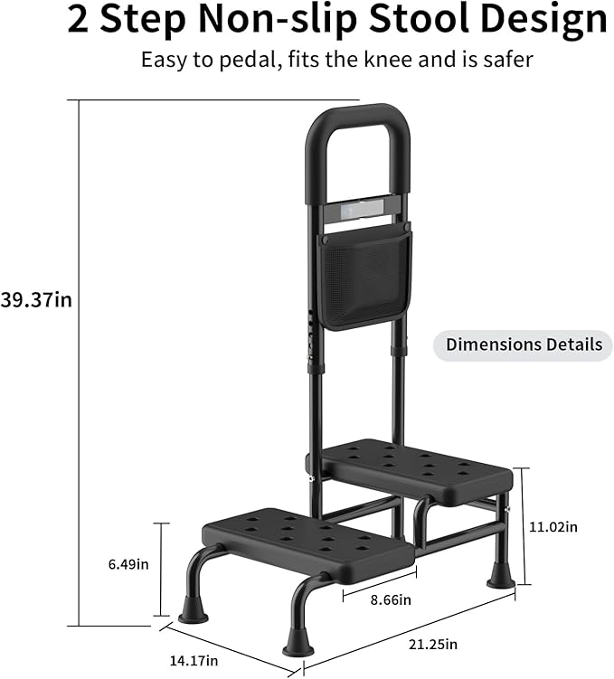 Step Stool with Handle for Adults- Step Stools for Seniors with Adjustable Handrail, Non-Skid Platform, Elderly, Foot Stool, Bed Steps for High Beds for Adults (2 Step Stool)