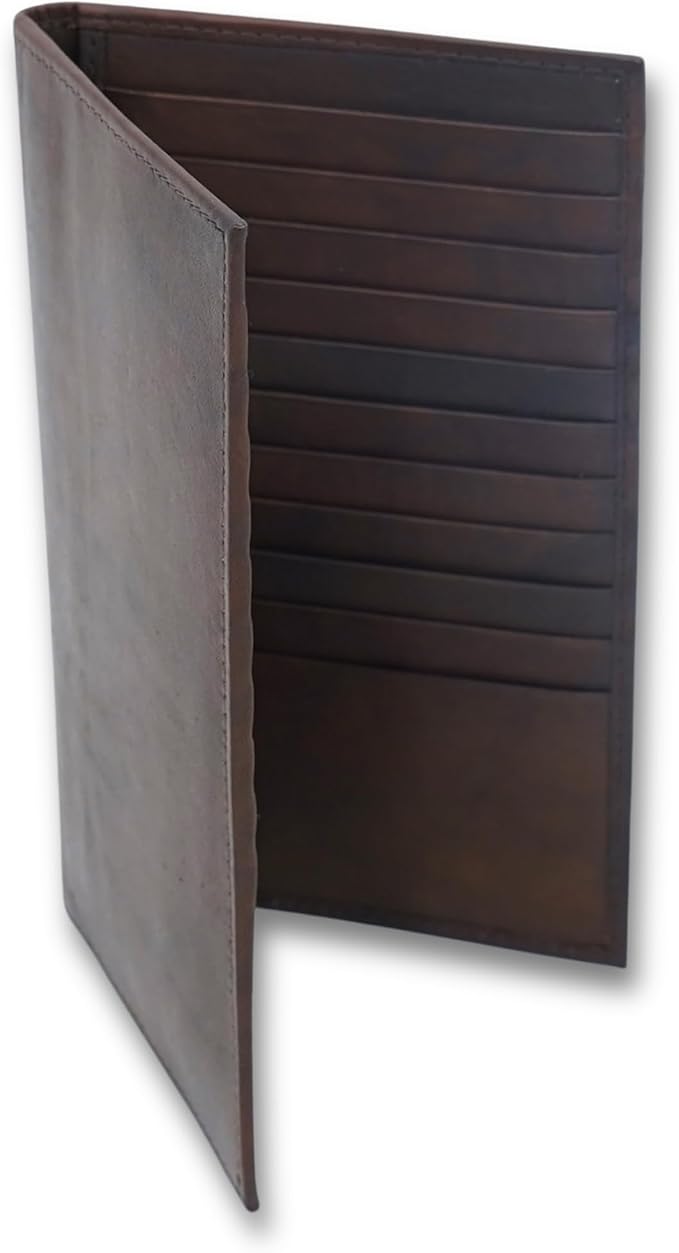 20 Card Wallet for Men, Long RFID Leather Credit Card Holder, Brown | 2 Bill Compartments | ID Window | Open Bifold | Organized Carry | Jacket Friendly