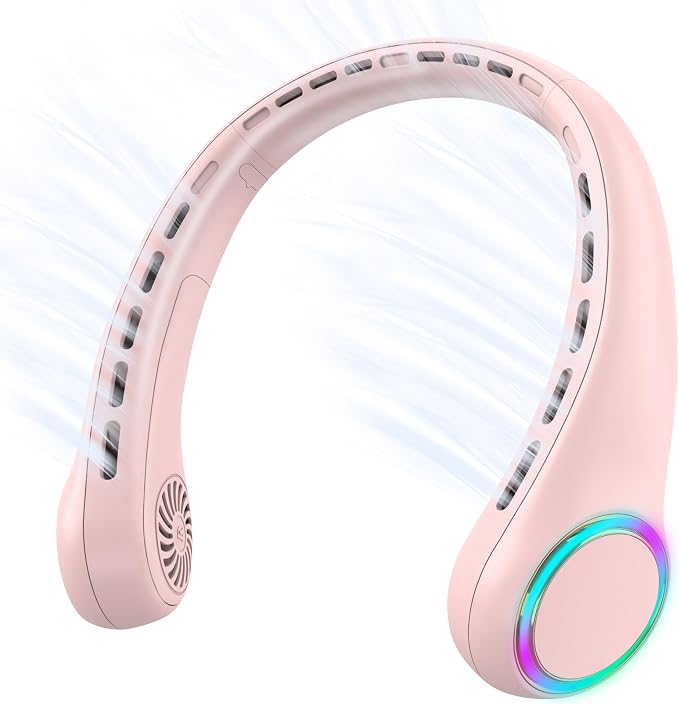 GULAKI Portable Neck Fan, Personal Fan with 4000mAh Battery, Rechargeable Neck Fan with 3 Speeds and 64 Cool Lights, Birthday Gifts for Men Women Mom Dad, Hands Free Cooling fan for Summer(Pink)