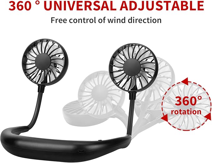 JUANANIUG Portable Neck Fan Rechargeable Personal HandFree Fan Mini USB Wearable Neckband Sport Fan 3 Speed Adjustable 360 Degrees Rotation Perfect for Working Traveling Office Reading (Full Black)