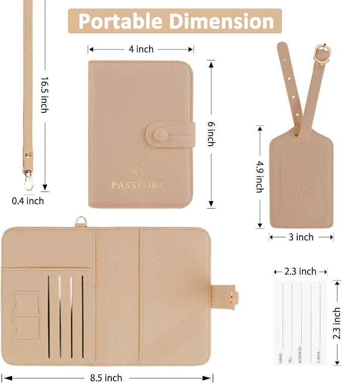 Passport Holder RFID Protected Wallet and Luggage Tag with Protection Cover Travel Accessories Leather Card Case Organizer for Women Men (Beige)