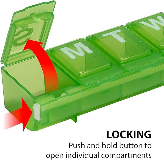 EZY DOSE Weekly (7-Day) Daily Pill Container, Medicine Planner, Vitamin Organizer, Large Locking Compartments Secure Prescription Medication and Prevent Accidental Spilling, Color May Vary, BPA Free