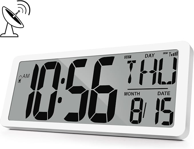 Atomic Clock 14.9" Digital Wall Clock Battery Operated Atomic Wall Clock Large Digital Alarm Clock with Day Date & Temperature for Wall Bedroom Living Room Classroom Home Office