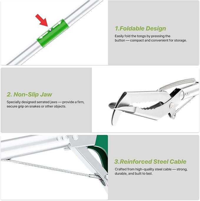 50" Foldable Grabber Reacher Tool with Green Handle, Extra Long Lightweight Trash Pickup & Litter Picker, 3-Fold Stainless-Steel Reaching Aid for Home, Office & Garden Use