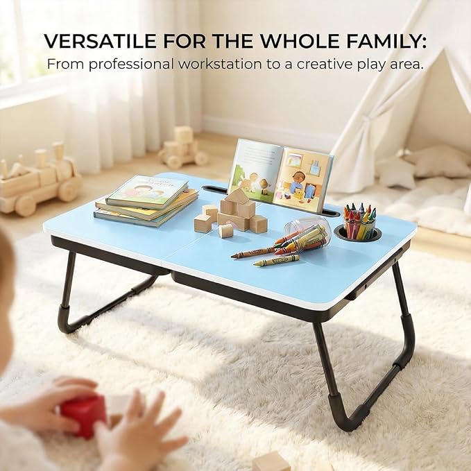 BUYIFY 23.4" Foldable Lap Desk Bed Table with Cup Holder Tray Blue | Portable Folds Flat for Easy Storage, No Assembly Laptop Bed Desk, Sturdy and Lightweight, Patent Design