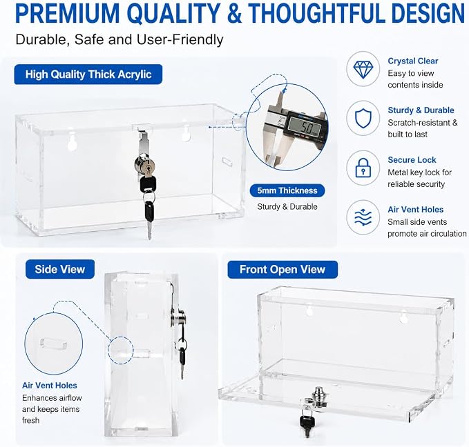 2 Pack Clear Acrylic Lock Box with Key Lock, Wall Mountable Security Storage Box, 9.9 x 5.1 x 3.9 Inch Lockable Container for Medicine, Phones, Snacks and Home Valuables