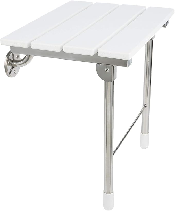 Folding Shower Seat Wall Mounted Bathroom Bathtub Safety Stool Chair, Solid Wood, with Support Legs, Load of 350 lbs, 14.88"(L)*12"(W)*17.12"(H) (WPC)