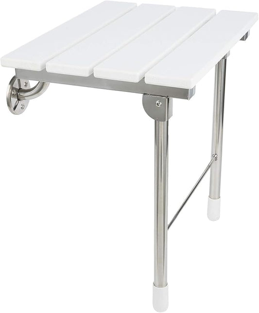 Folding Shower Seat Wall Mounted Bathroom Bathtub Safety Stool Chair, Solid Wood, with Support Legs, Load of 350 lbs, 14.88"(L)*12"(W)*17.12"(H) (WPC)