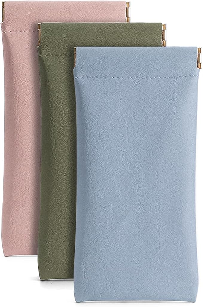3 Pack Leather Eyeglasses Cases PU Soft Sunglasses Pouch Squeeze Top Portable Glasses Cases for Men Women