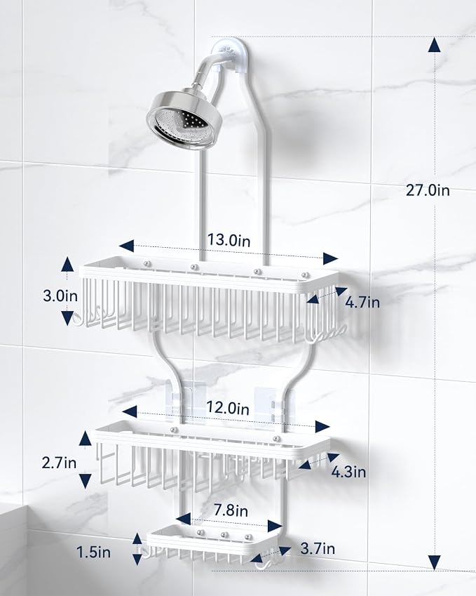 YASONIC Never Rust Shower Caddy Hanging, Aluminum Shower Racks for Inside Shower, 3-Tier Shower Organizer Hanging Over Shower Head with Hooks and Soap Holder, White