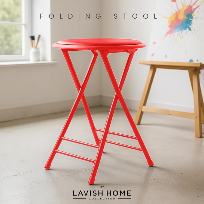 Lavish Home Folding Stool with Padded Backless Seat, Red, 24 Inch | Counter Height Bar Stools with 225lb Capacity, Portable Indoor & Outdoor, Extra Seat for Kitchen, Rec Room or Camping