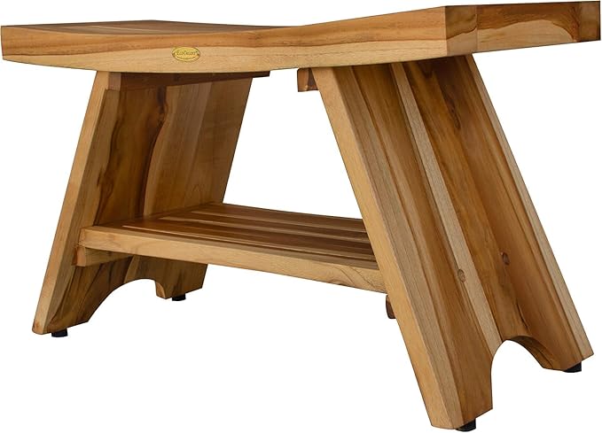 EcoDecors 35 Inch Serenity Teak Shower Bench – Waterproof Bathroom Seat with Large Storage Shelf For Adults & Seniors | Spa-Style Teak Wood Stool with Non-Slip Feet, Elegant Finish, 300 Pound Capacity