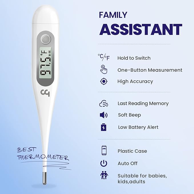 Femometer Digital Thermometer for Adults and Kids, Grey | Fever Alert, Memory Recall, C/F Switchable, Oral, Rectal or Under Arm Use