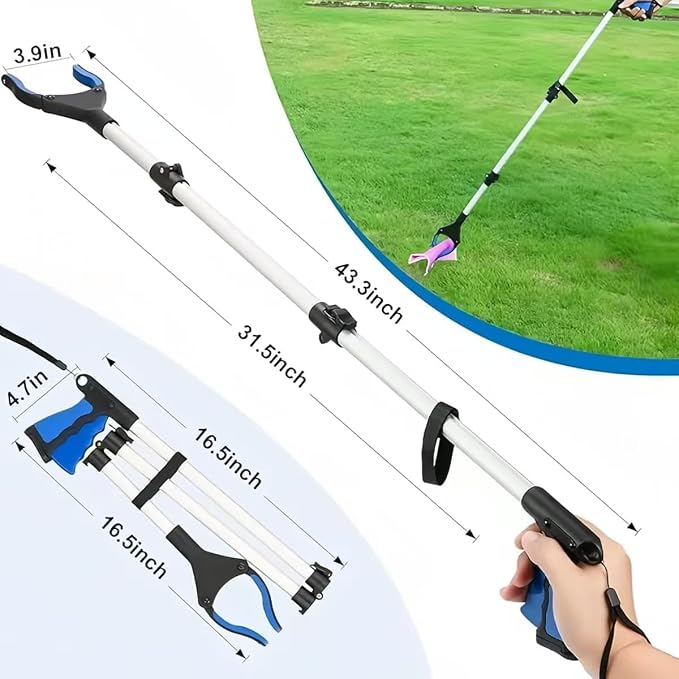 2-Pack Grabber Reacher Tool, 43 Inch Extra Long Steel Foldable Pick Up Stick with Strong Grip Magnetic,Trash Claw Grabber Tool, Hand Grabber for Reaching, Arm Extension, Blue