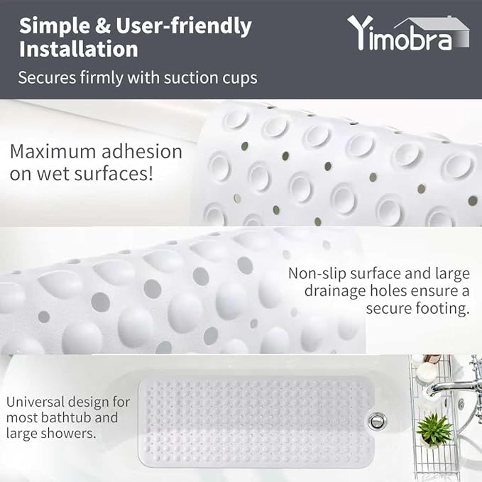 Yimobra Long Bath Tub Mat Non-Slip 40"x16", Super Strong Suction Cups, Shower Mat with Drain Holes, Machine Washable Bathroom Floor Mat, Bathroom Essentials, White