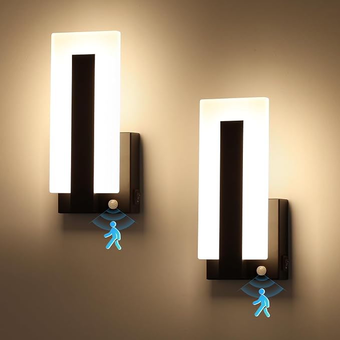 Joosenhouse Wall Sconces Set of Two Hardwired, Black Motion Sensor Wall Light Indoor, Modern Metal and Acrylic LED Wall Lamp 3000K Warm White for Hallway Bedroom Staircase