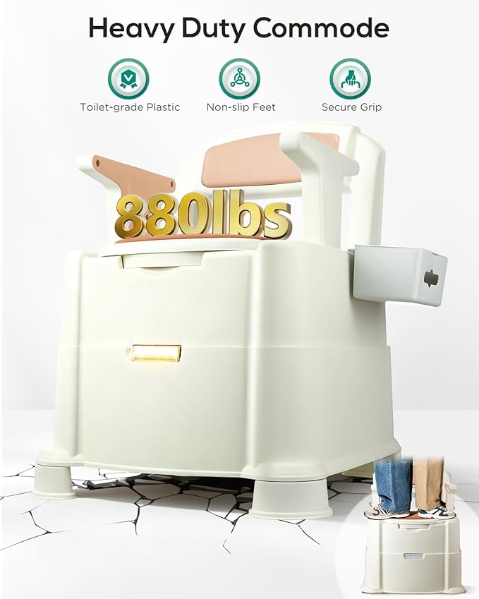 880 Lbs Heavy Duty Bedside Commode, 3-in-1 Portable Potty Chair for Elderly & Adults, Camping Toilet with Motion Light, PU Padded Sofa Chair, 2 Heights, Buckets & Tissue Box