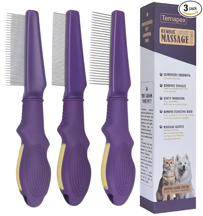 Temapex 3PCS Pet Comb for Grooming Long & Short Haired Cats & Dogs With Stainless Steel Metal Teeth for Removes Tangles & Flea, Non-Slip & Anti-Static Rubber Handle, Safe & Gentle