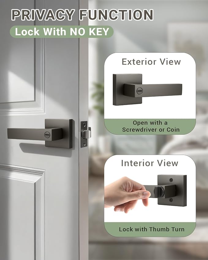 KNOBWELL 3 Pack Interior Door Knob with Lever Bathroom Bedroom Door Handle with Lock Gunmetal Black Square Handleset