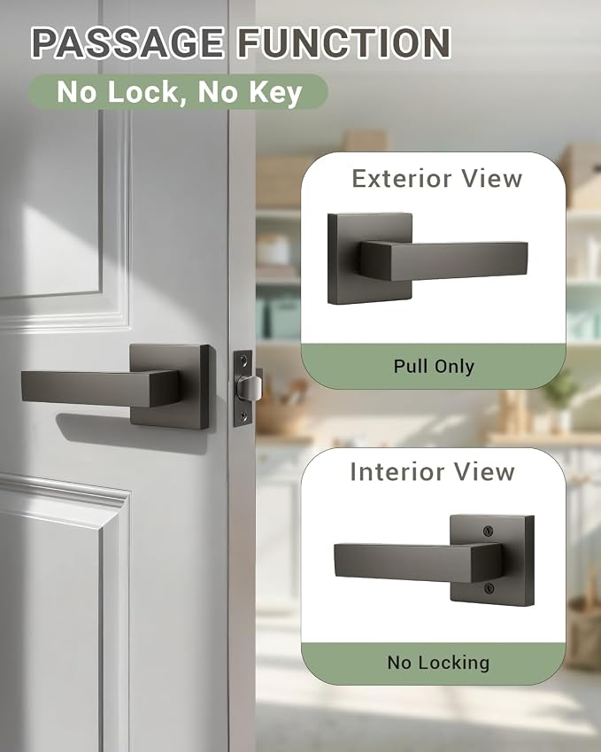 KNOBWELL 2 Pack Door Handles Interior Passage Doorknob with Straight Lever Gunmetal Black Hallway Closet Door Handles