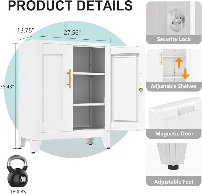 pozdeg 35.43" Metal Storage Cabinet with Lock, Metal File Cabinet with 2 Doors ＆ 2 Adjustable Shelves, Steel Locker Utility Tool Garage Cabinets for Home, Office, Warehouse (White)