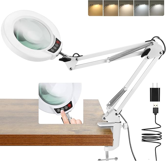 10X Magnifying Glass with Light and Clamp, Real Glass Stand Lighted Magnifier, 5 Color Modes Stepless Dimmable LED Desk Lamp Hands Free for Crafts Hobby Reading Painting Sewing Close Work White
