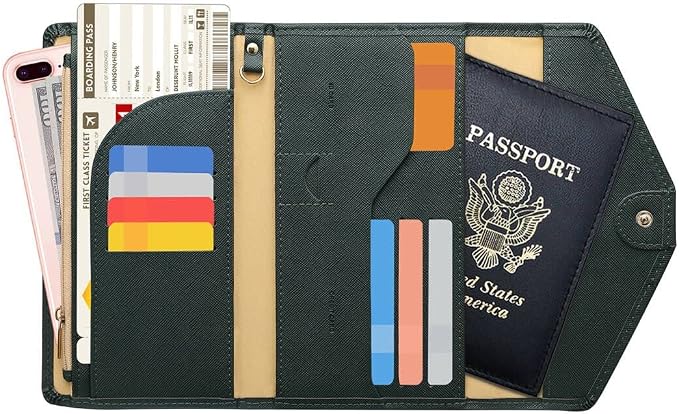 Passport Holder Travel Wallet Organizer for Women,Dark Olives | RFID secure, 6 card slots, 35 sim pockets, passport holder with zip-around wallet, slim fit for women travelers.