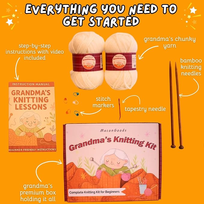MaconGoods Grandma's Knitting Kit - Complete Knitting Kit for Beginners - Includes Beginner Yarn, Bamboo Needles, Video Tutorial, and Written Guide & More - Easy Learn to Knit Kit