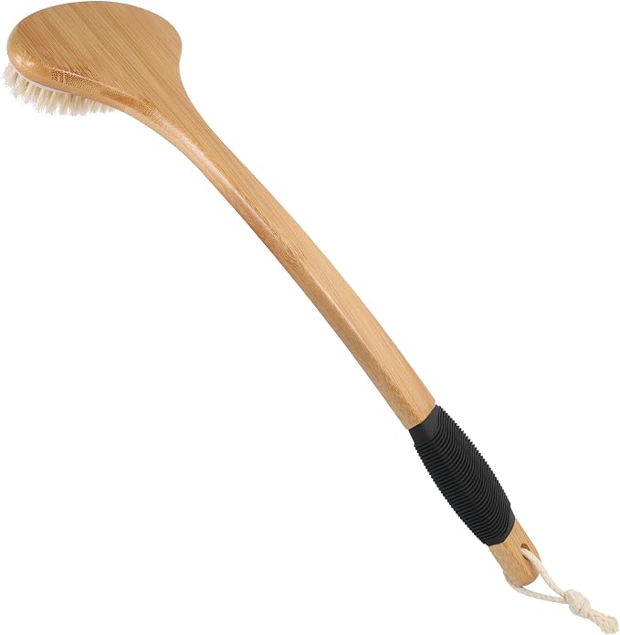 OWIIZI Back Scrub Brush for Shower,Stiff Boar Bristles Bamboo Curved Long Handle Antiskid Body Bath Brush for Back Use Wet or Dry,Deep Cleanse Large Surface Back Scrubber | 17.5" Bamboo Curved Long Handle Bath Brushes,Large Surface Deep Cleanse Back Sc...