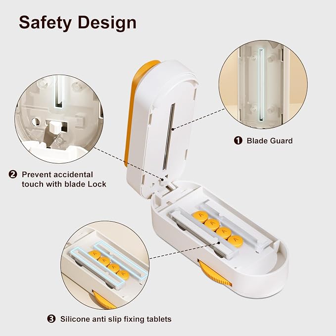 Pill Cutter Splitter for Small and Tiny Larger Pills. |ONE Button Easy Push Accurately Cuts Multiple Pills at Once. Sharp Blade with Safety Guard. Non-Slip Silicone Edge (Orange)