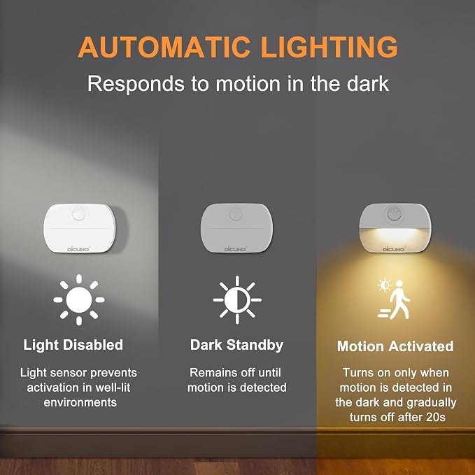 DiCUNO Motion Sensor Night Light, Stick-On, Battery Operated, 3000K, 4-Pack | Stick-On Nightlight with Dusk to Dawn Sensor, 20lm, Warm White, 0.5W, Night Lights LED for Bedroom, Bathroom, Hallway, Stairs