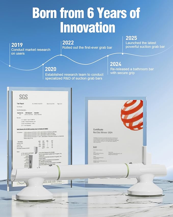 17.7 Inch Grab Bars for Shower, 2 Pack | Shower Handles for Elderly Suction | No-Drill Bathroom Safety Bars for Seniors & Handicap Assist