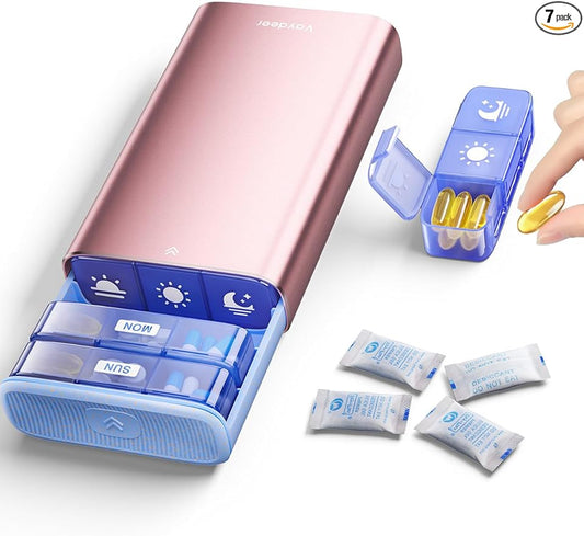 Vaydeer Large Weekly Pill Organizer 3 Times a Day,Metal 7 Day Travel Pill Box with Double Protection,AM PM Pill Case for Medication, Vitamins, Fish Oils, Supplements(Rose Gold)