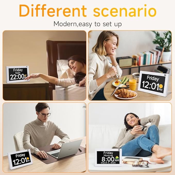 Digital Calendar Alarm Clock - Dementia Clocks for Seniors, Non-Abbreviated Memory Loss Clock with Date and Time for Elderly