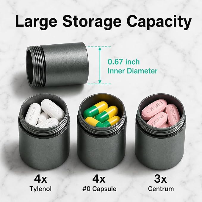 Portable Keychain Pill Case Holder, EFFIET 3 Compartments Metal Pocket Emergency Pill Container Box for Daily Supplyment (Black+Matt Finished)