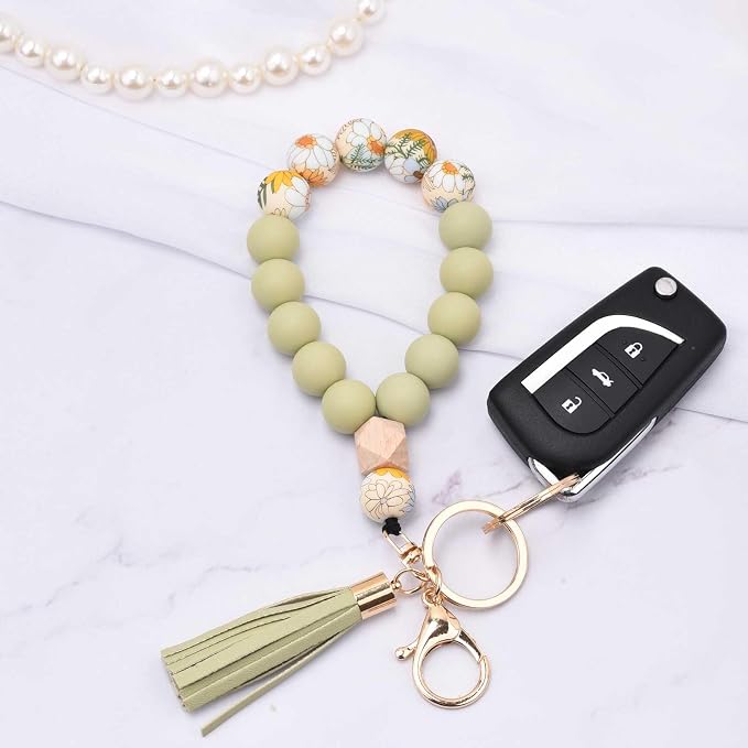 BAOSIWA Silicone Key Ring Bracelet Wristlet Keychain Unique Beaded Bangle Key Chains for Women with Leather Tassel