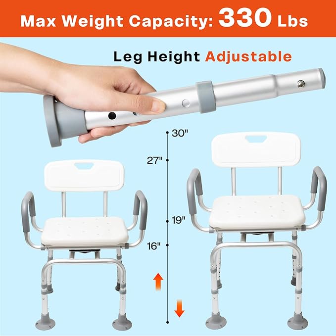 Shower Chair 360° Swivel Shower Chair for Inside Shower,Portable Seat with Back & Arms, Adjustable Height Seat for Bathtub,Tub Bench Stool for Bathroom Mobility Seat for Elderly, Disabled