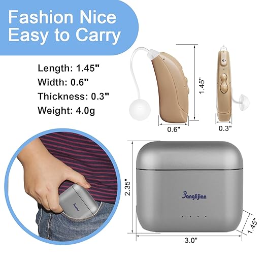 Banglijian Small Rechargeable BTE Hearing Aids for Moderate to Moderate-Severe Hearing Loss Seniors, 16-Channel Noise Reduction, Large Capacity Charging Box, Home & Travel Use (Beige)