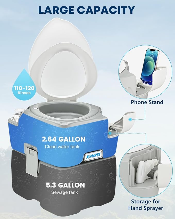 Kohree Camping Toilet Portable 5.3 Gallon, 20L Porta Potty for Adults | with Diagonal Elongated Bowl Seat, Handle Flush Pump, Leak-Proof Cassette Toilet for RV Trailer Trucker Boat Marine Home Use
