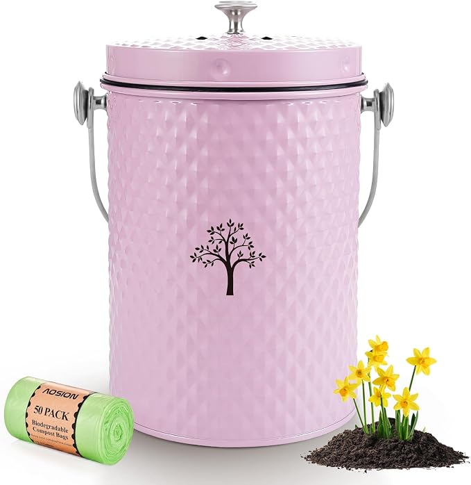 Countertop Compost Bin, Odor-Free Food Waste Container with 50 Bags | 1 Gallon Container,2 Carbon Filters,Compost Bucket, coffee grounds