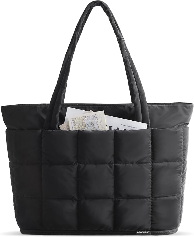 BAGSMART Expandable Tote Bag for Women, Puffer Work Tote Handbag, Quilted Carry On Bag for Travel Gym