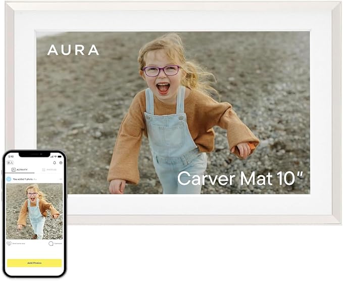 Aura 10" HD WiFi Digital Picture Frame – Free Unlimited Cloud Storage – Send Photos from Phone – No Subscription – Auto On/Off – Gift for Parents & Grandparents (Cool White Mat, 10")