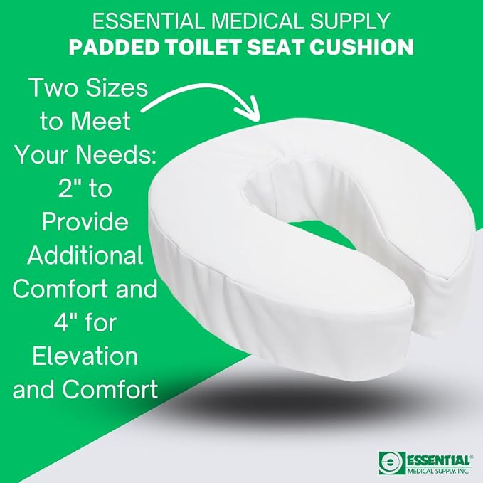 Essential Medical Supply Foam Padded Toilet Seat Cushion Riser - 4" Height, Hook and Loop Attachment for Easy Installation, Washable Vinyl Cover - Added Cushion for The Toilet with Pressure Relief