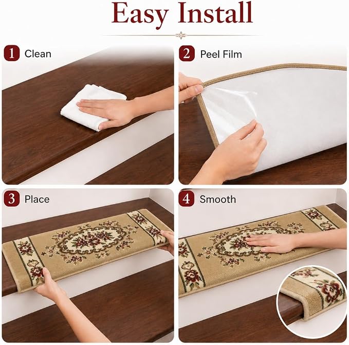 Rounded Bullnose Carpet Stair Treads for Wooden Steps Indoor, No Tape Non Slip Step Mats with TPU Backing & Steel Reinforced Edge for Dogs Elders,Beige Floral,28