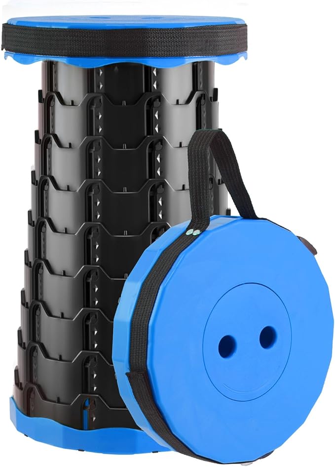 Doseno Collapsible Stool, Foldable Stool, Portable Seat, Blue, 1 Pack | Thickened foldable retractable pop-up seat for adults opens to 17.5 inches, with a strap for fishing, hiking and camping